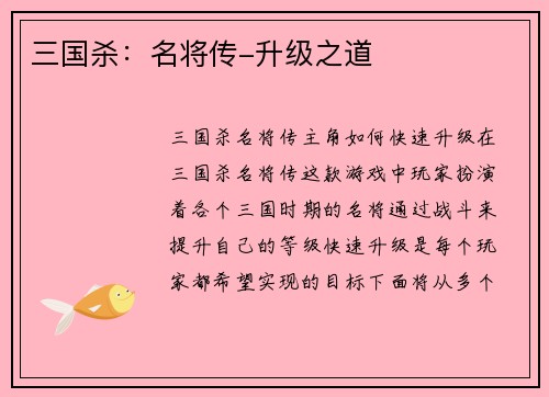 三国杀：名将传-升级之道